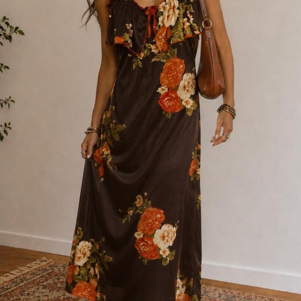 Y2K Floral Maxi Slip Dress Romantic Boho Cottage Ruffle Tie Front Satin 2000s